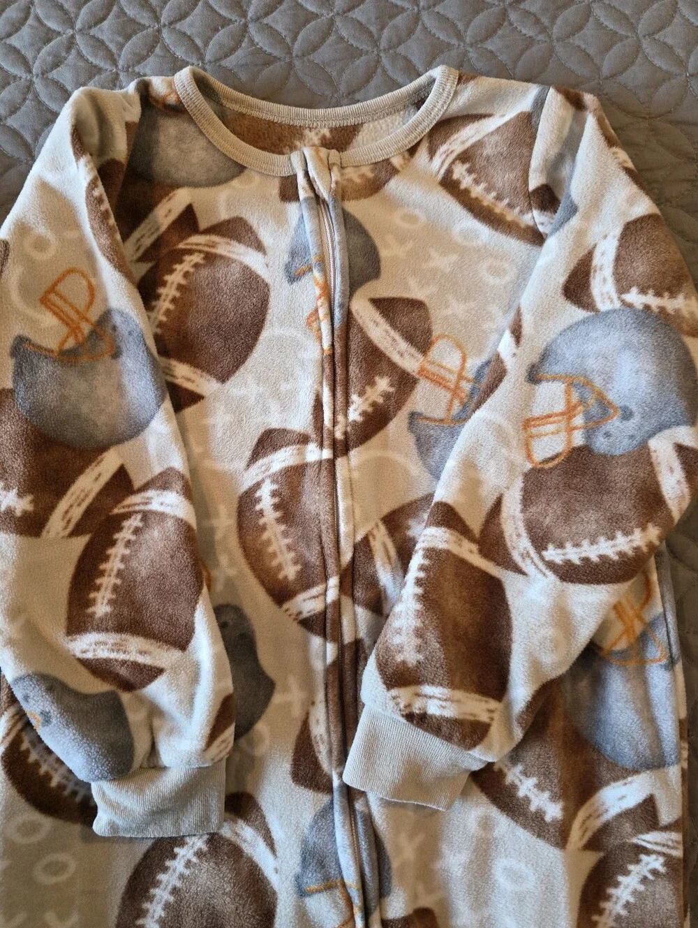Toddler Football Themed Full Zip Up Footie Fleece Pajamas, 5T, Blue, Gray, Brown